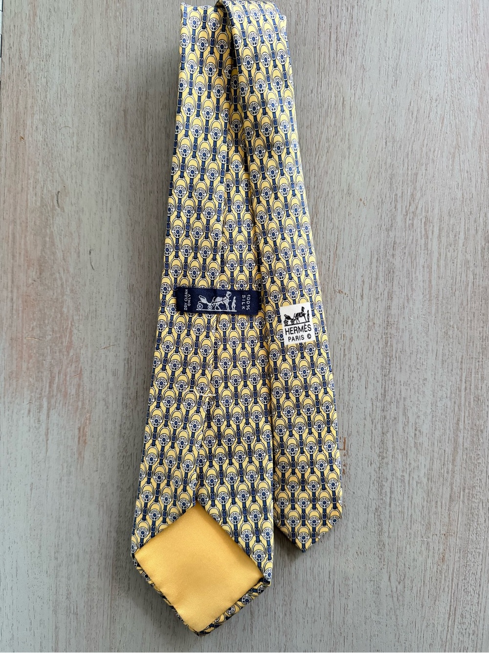 Hermes Silk Tie Mens Yellow Equestrian Stirrup Buckle Pattern 956 IA France 58”